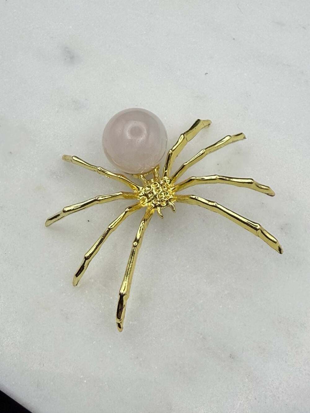 Rose Quartz Crystal Sphere Gold Metal Small Spider Figurine